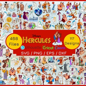 May include: A collection of digital designs featuring characters from Disney's Hercules. The image displays various character illustrations and the text "468 Files" and "117 Designs". The designs are available in SVG, PNG, EPS, and DXF formats.
