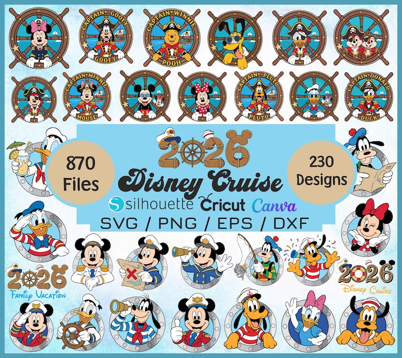 May include: A collection of Disney Cruise-themed digital designs. The image features various Disney characters in nautical attire, set within ship wheel frames. Text includes "Disney Cruise 2026", "870 Files", and "230 Designs".
