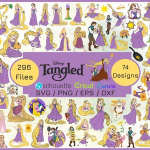 May include: A collection of 74 designs featuring characters and elements from Disney's Tangled. The images include Rapunzel in various poses, with her long blonde hair and purple dress. The image also includes the text "296 Files" and "SVG / PNG / EPS / DXF".