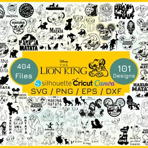 Puede incluir: Una colección de diseños en blanco y negro con el tema del Rey León, que incluye siluetas de Simba, Timón, Pumba y la frase "Hakuna Matata". La imagen también incluye el texto "404 Archivos" y "101 Diseños."