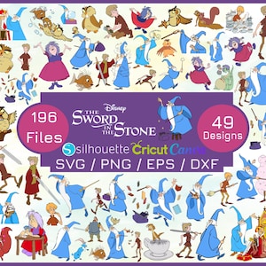 May include: A collection of digital designs featuring characters and elements from Disney's "The Sword in the Stone." The image includes illustrations of Merlin, Arthur, and other characters, along with the text "196 Files" and "49 Designs."