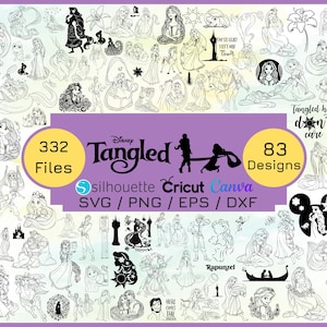 Puede incluir: Una colección de diseños digitales en blanco y negro con personajes y elementos de la película de Disney "Enredados". La imagen incluye el texto "332 Archivos" y "83 Diseños", junto con las palabras "Tangled", "Silhouette", "Cricut" y "Canva".