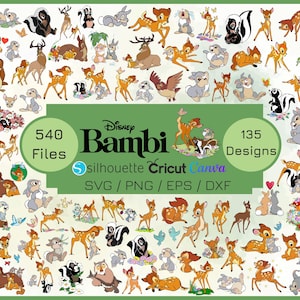 Puede incluir: Una colección de diseños digitales con temática de Bambi, con varios personajes de la película de Disney. La imagen incluye el texto "Disney Bambi" y detalles sobre los archivos, diseños y tipos de archivos disponibles.