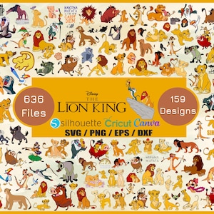 Puede incluir: Una colección de diseños digitales con la temática de El Rey León. La imagen presenta varios personajes y escenas de la película, incluyendo a Simba, Timón y Pumba. La imagen también incluye el texto "636 archivos" y "159 diseños".