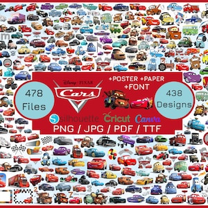 Könnte beinhalten: Eine Sammlung digitaler Designs zum Thema Disney Pixar Cars. Das Bild zeigt verschiedene Autocharaktere, Rennflaggen und verwandte Grafiken. Das Bild enthält den Text "478 Dateien" und "438 Designs". Das Bild enthält auch den Text "PNG / JPG / PDF / TTF".