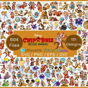 Op de afbeelding: Een verzameling digitale ontwerpen van Chip en Dale Rescue Rangers. De afbeelding toont 604 bestanden en 151 ontwerpen, met het Disney-logo en compatibiliteit met Silhouette, Cricut en Canva. Formaten: SVG, PNG, EPS en DXF.