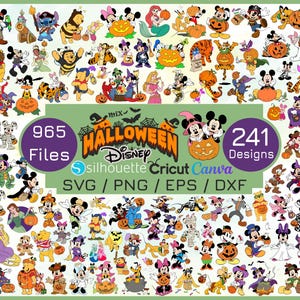 Pode incluir: Uma coleção digital de 965 arquivos e 241 designs com vários personagens de desenhos animados em fantasias de Halloween, incluindo abóboras, bruxas e múmias. O texto central diz Mix Halloween Disney, Silhouette, Cricut, Canva, SVG, PNG, EPS, DXF.