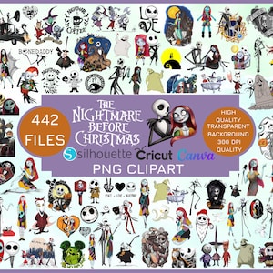 Może przedstawiać: Kolekcja clipartów PNG z postaciami i elementami z filmu "Miasteczko Halloween". Zawiera Jacka Skellingtona, Sally i inne kultowe postacie. Obraz zawiera również tekst z napisem "442 PLIKI" i "PNG CLIPART".