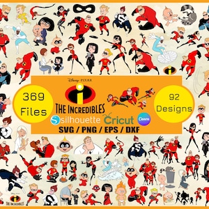 Puede incluir: Una colecci&oacute;n de archivos digitales con personajes de "Los Incre&iacute;bles" de Disney Pixar. La imagen incluye varias poses de los personajes con trajes de superh&eacute;roes rojos y negros. El texto incluye "369 Archivos", "92 Dise&ntilde;os" y "SVG/PNG/EPS/DXF."