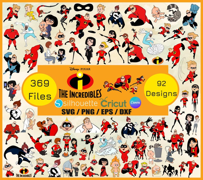 Puede incluir: Una colecci&oacute;n de archivos digitales con personajes de "Los Incre&iacute;bles" de Disney Pixar. La imagen incluye varias poses de los personajes con trajes de superh&eacute;roes rojos y negros. El texto incluye "369 Archivos", "92 Dise&ntilde;os" y "SVG/PNG/EPS/DXF."