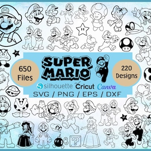 May include: A collection of black and white Super Mario character designs. The image includes various poses of Mario, along with other characters and icons from the game. Text includes "Super Mario", "650 Files", and "220 Designs".