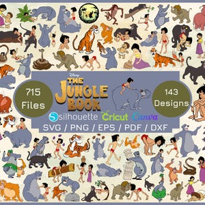 Puede incluir: Una colección de ilustraciones de dibujos animados con personajes de El libro de la selva de Disney. Las imágenes incluyen varios animales, personas y escenas de la película. La imagen también incluye el texto "715 archivos" y "143 diseños".
