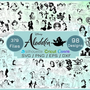 May include: A collection of 379 files and 98 designs featuring Aladdin characters and scenes. The designs are in SVG, PNG, EPS, and DXF formats, suitable for Silhouette, Cricut, and Canva projects. The image includes the Disney Aladdin logo.