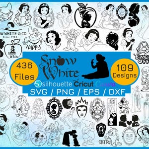 Könnte beinhalten: Eine Sammlung digitaler Designs zum Thema Schneewittchen. Das Bild zeigt verschiedene Illustrationen von Schneewittchen, den sieben Zwergen und verwandten Elementen. Enthält den Text "436 Dateien" und "109 Designs" sowie "Snow White & Co Since 1938".