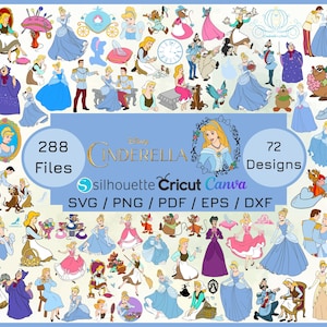 May include: A digital design bundle featuring illustrations of Cinderella and related characters. The image includes various poses of Cinderella, Prince Charming, and other characters, with the text "Cinderella" and file format options.