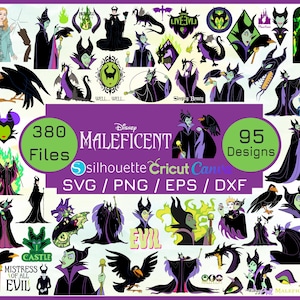 May include: A collection of digital designs featuring Maleficent from Disney's Sleeping Beauty. The images include various poses of Maleficent, her raven, and other related elements. The text includes "380 Files", "95 Designs", and file type information.