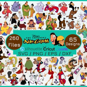 Puede incluir: Una colección de diseños digitales con personajes de "El Emperador y sus Locuras" de Disney. La imagen incluye ilustraciones de personajes, el título de la película y los textos "260 Archivos" y "65 Diseños". Formatos: SVG, PNG, EPS y DXF.