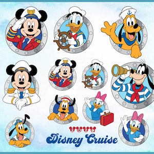 May include: A collection of Disney character illustrations in circular frames, including Mickey Mouse, Donald Duck, Pluto, Goofy, and Daisy Duck. The characters are dressed in nautical attire, with the words "Disney Cruise" in a blue script font.