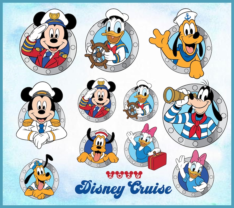 May include: A collection of Disney character illustrations in circular frames, including Mickey Mouse, Donald Duck, Pluto, Goofy, and Daisy Duck. The characters are dressed in nautical attire, with the words "Disney Cruise" in a blue script font.