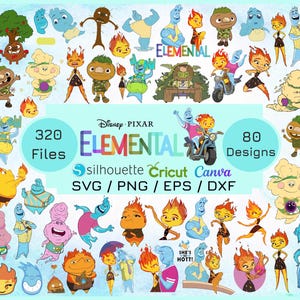 Può includere: Una collezione di design di personaggi "Elemental" Disney Pixar in formati SVG, PNG, EPS e DXF. L'immagine presenta vari personaggi che rappresentano gli elementi fuoco, acqua, terra e aria. Il testo include "320 file" e "80 design".