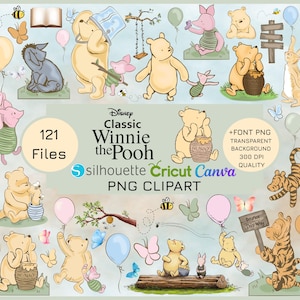 May include: A digital PNG clipart set featuring illustrations of Winnie the Pooh and friends. The image includes various characters, balloons, butterflies, and honey pots. Text on the image reads "Disney Classic Winnie the Pooh" and "PNG Clipart".