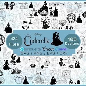 May include: A collection of Cinderella-themed digital designs. The image features various silhouettes and illustrations, including Cinderella, a carriage, and other related elements. Text includes "424 Files", "106 Designs", and "Disney Cinderella". Formats include SVG, PNG, EPS, and DXF.