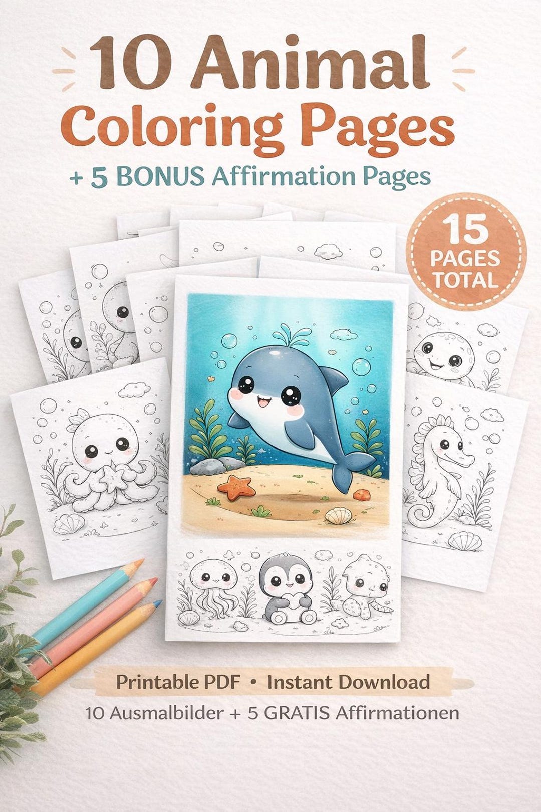 Cute Animal Coloring Pages for Kids | 10 Printable Pages + 5 Bonus ...