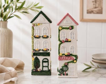 Vintage Ceramic Pasta House Canister: Cottage Kitchen Decor, Green or Pink Roof
