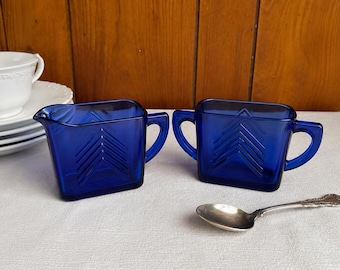 Vintage Cobalt Blue Glass Cream & Sugar Set | Chevron Pattern Creamer and Open Sugar Bowl | Art Deco Style Glassware