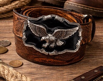 Cinturón de cuero GAP vintage de 1997 con hebilla de águila color peltre, 42x1.5, Western USA