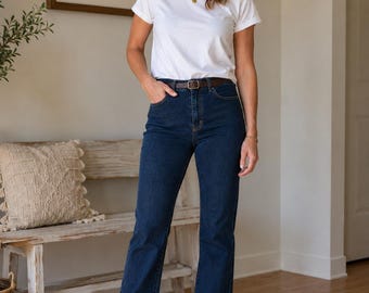 Vintage Sasson Jeans Damen, dunkelblaue Waschung, gerades Bein, hoher Bund, 27 Zoll Innenbeinlänge