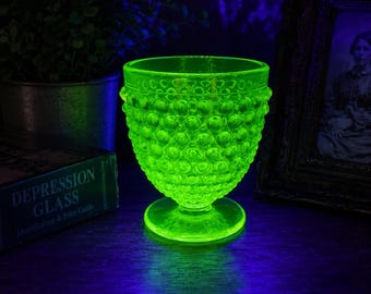 Vintage Uranium Glass Hobnail Goblet Glows Under UV Light Green Depression Glass Vase Cup