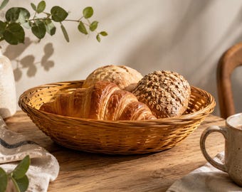 Vintage Round Wicker Bread Basket Rattan Catchall Boho Farmhouse Decor