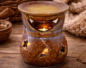 Celestial Keramik Stövchen Teelichthalter Mond Sterne Ölbrenner Rustikal 3x2.5