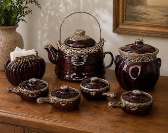 Vintage Brown Drip Glaze Pottery Kitchenware Set | Teapot, Canister, Crock, Napkin Holder