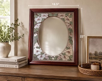 Vintage Floral Wall Mirror Wood Frame Cottagecore Magnolia Vanity Decor