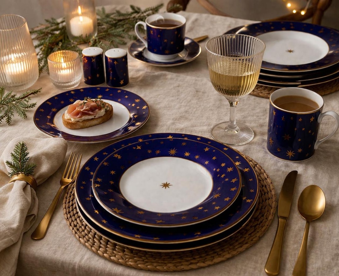 Vintage 90s Blue Gold Star 22 pieces Dinnerware Set for 4 Sakura Galaxy Porcelain Celestial Plates Cups Bowls Whimsigoth Astrology Decor