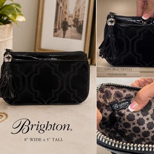 May include: Black clutch bag with a geometric pattern and a tassel zipper pull. The bag is 20 cm wide and 13 cm tall. The brand name "Brighton" is displayed in elegant script.