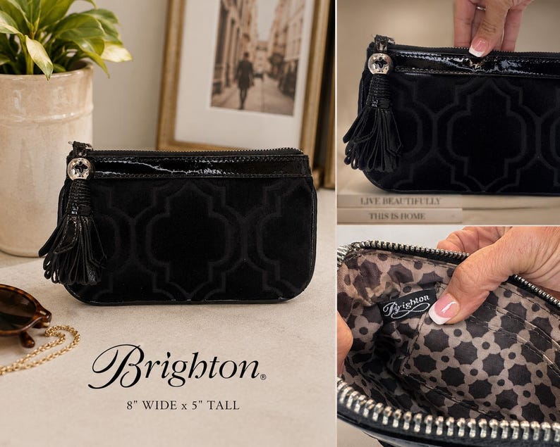 May include: Black clutch bag with a geometric pattern and a tassel zipper pull. The bag is 20 cm wide and 13 cm tall. The brand name "Brighton" is displayed in elegant script.