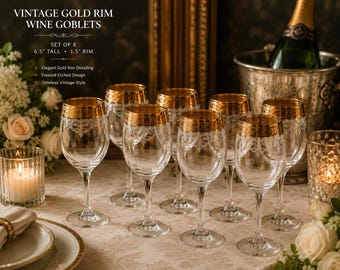 Vintage Gold Rim Wine Goblets – Frosted Etched Hollywood Regency Stemware Set