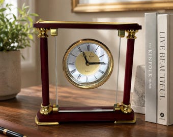 Vintage Stuart Austin Quartz Desk Clock Red Wood & Brass Glass Mantel Clock Decor