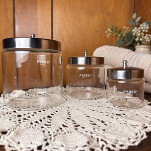 Vintage Apothecary Jars Pyrex Glass Canister Set of 3 With Metal Lids