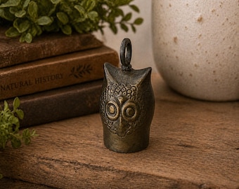 Vintage Owl Bell Figurine | Small Metal Owl Bell | Rustic Brass Tone Owl | Hanging Loop Bell | Mini Owl Decor | 3 Inch