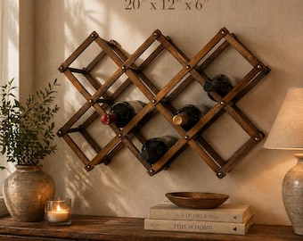 Vintage Wooden Wine Rack Expandable | Accordion Bottle Holder | Rustic Farmhouse Bar Decor | Wood Storage Rack 20x12