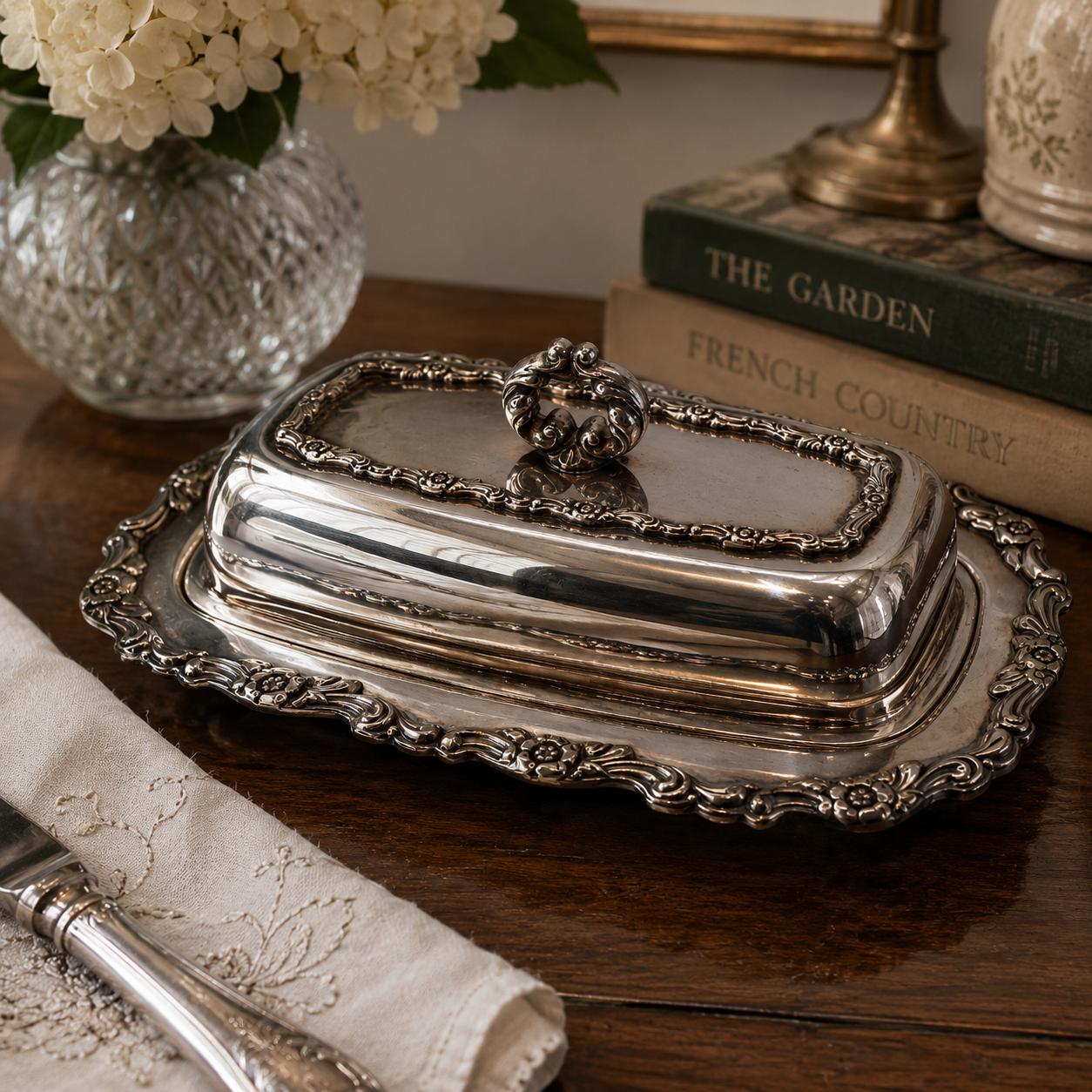 Vintage Wm A Rogers Silverplate Butter Dish Covered Serving Tray