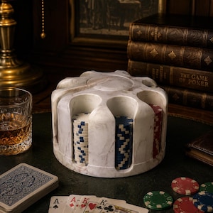 May include: A white marble poker chip carousel with a circular design featuring multiple vertical slots. The carousel holds stacks of blue, white, and red poker chips. The structure has a smooth, polished finish with grey veining throughout the stone.