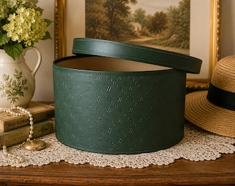 Vintage Green Round Hat Box | Embossed Storage Box | Mid Century