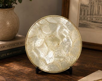 Vintage Capiz Shell Trivet Wall Decor Gold Tone Round Philippines