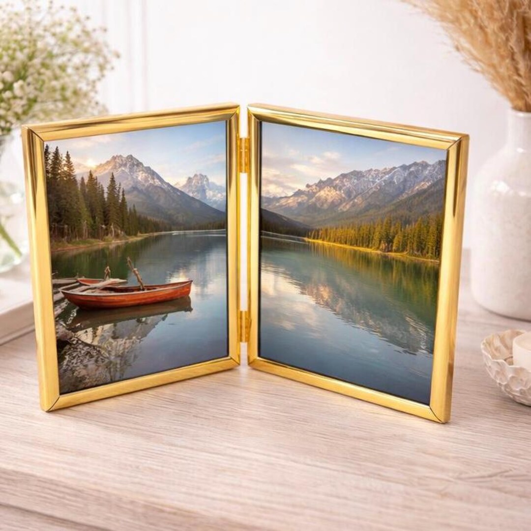 Vintage Solid Brass Double Photo Frame: 5x7 Hinged Folding Gold Desk ...