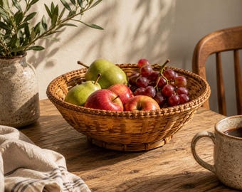 Vintage Woven Wicker Fruit Basket Round Rattan Bread Basket Boho Decor